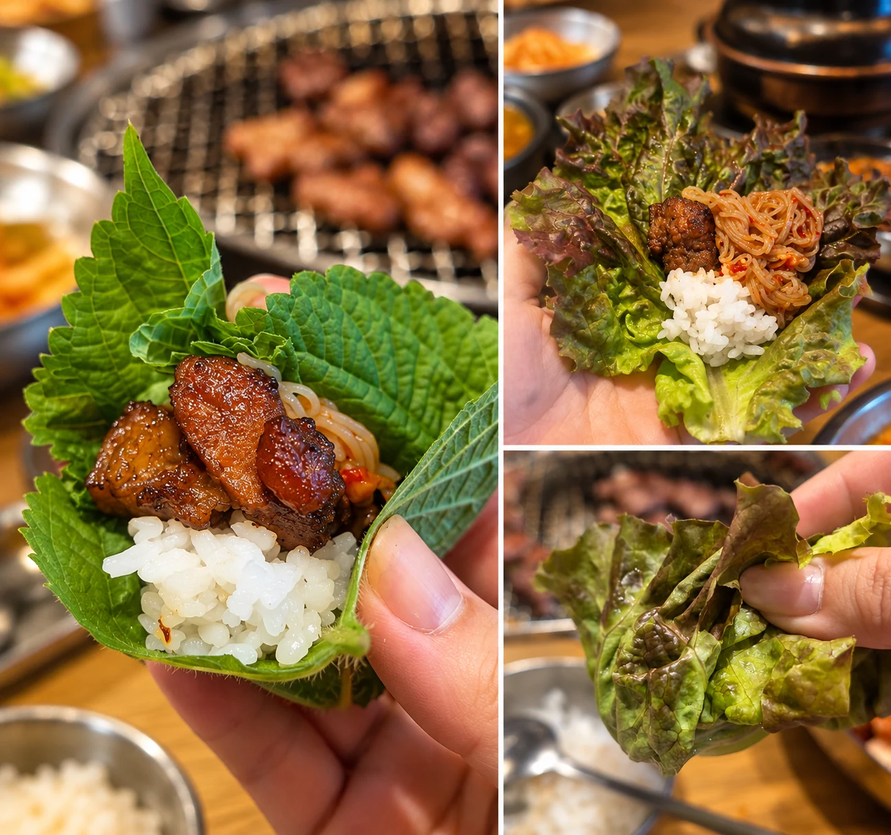 Collage showing leafy wraps filled with grilled meat and rice, and a hand folding a wrap.