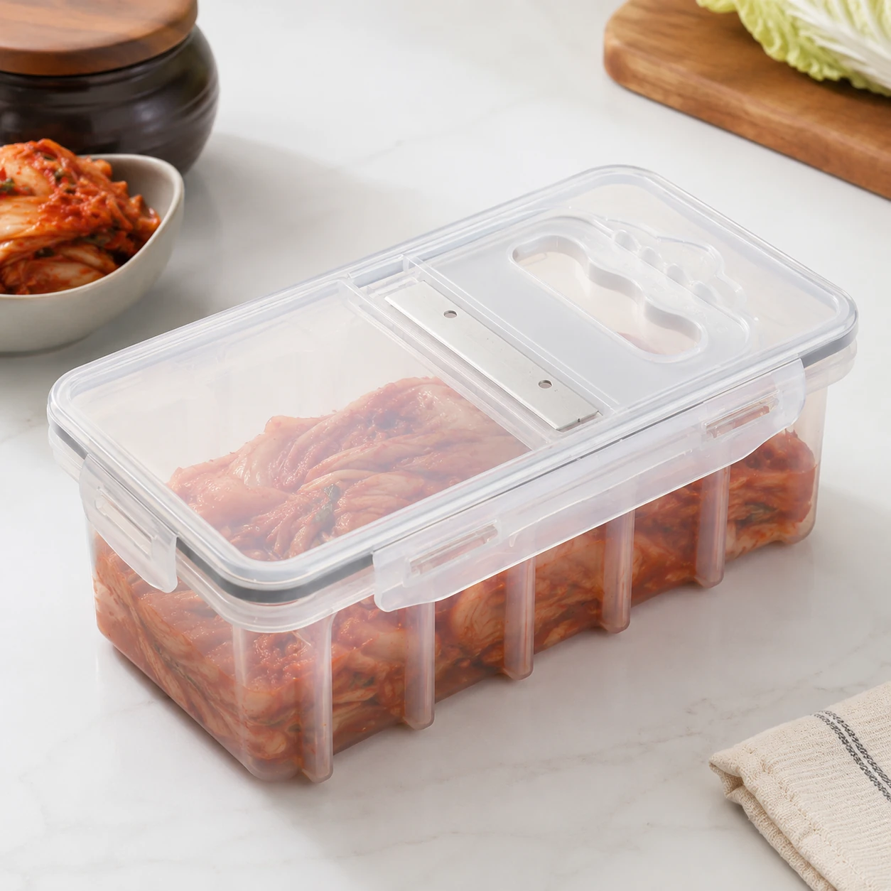 AI-generated illustration of a clear Korean kimchi cutter storage container filled with kimchi, with the cutting tool stored flat in the lid
