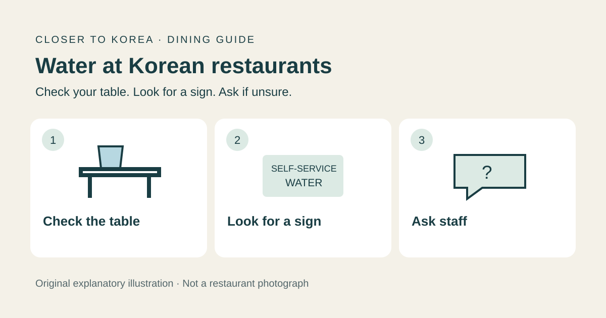 Original schematic guide: check your table, look for a self-service water sign, and ask staff if unsure.