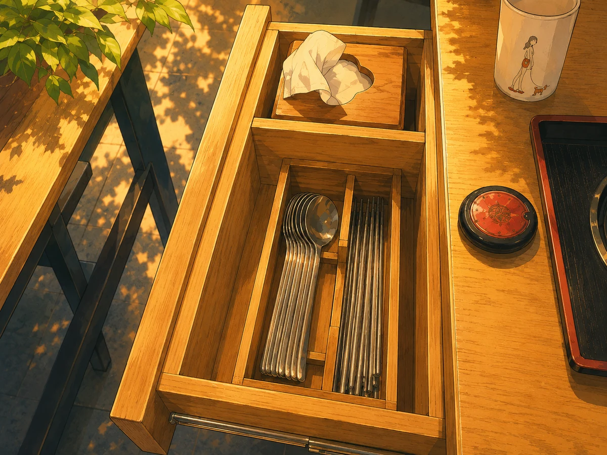 AI-generated illustration of a Korean restaurant table drawer holding metal spoons and chopsticks