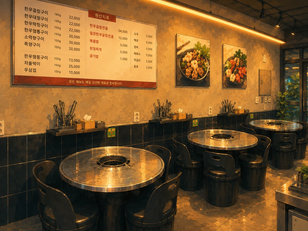 AI-generated illustration of a Korean barbecue restaurant with black storage-style chairs around grill tables
