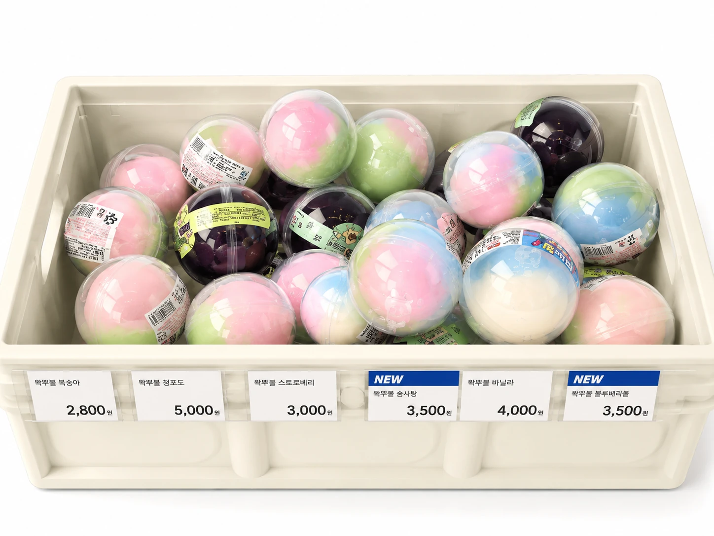 Colorful wakppubol sensory toys in clear round packaging displayed in a Korean retail store