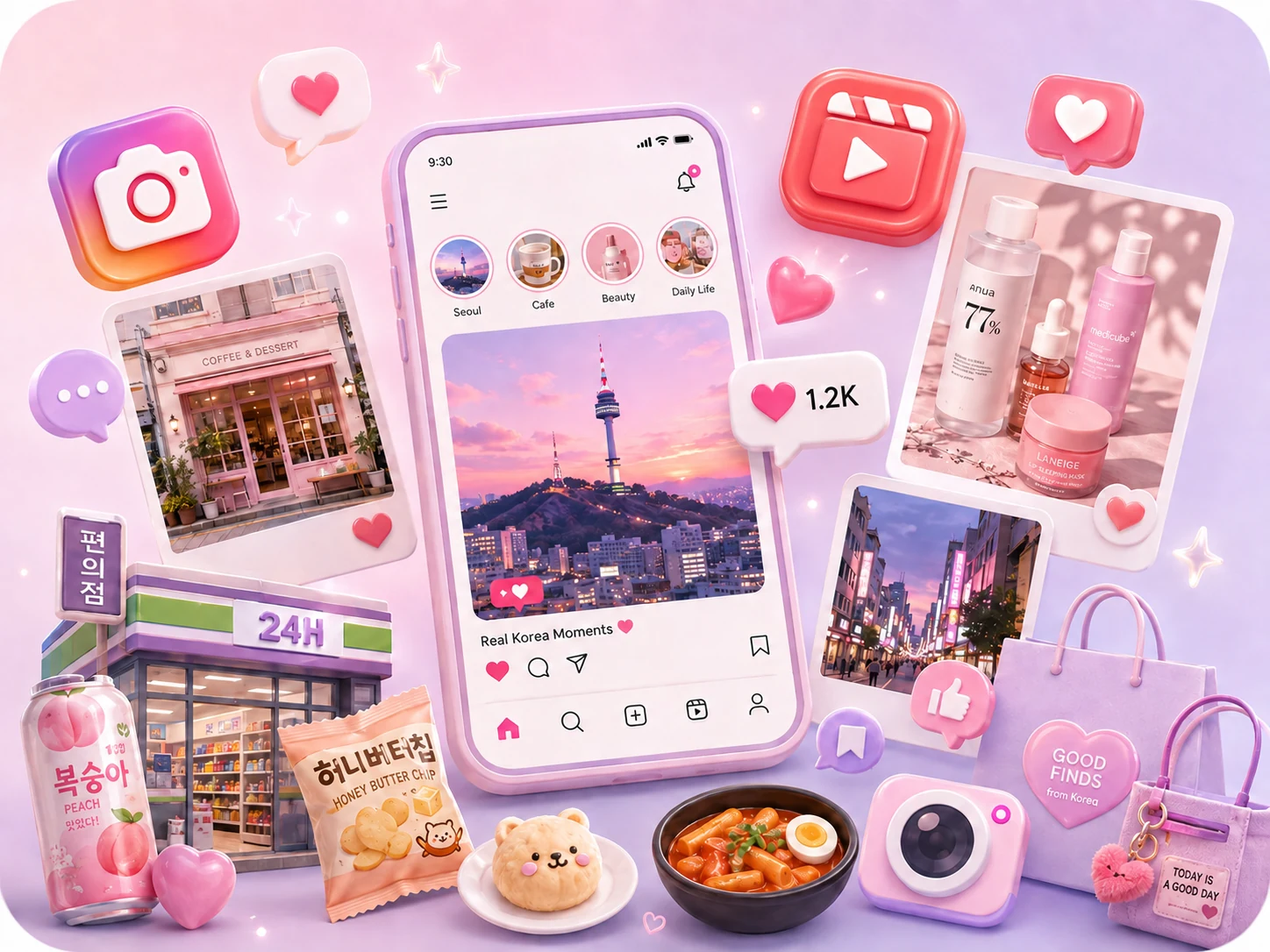 Pastel social-media collage of everyday Korea with Seoul, convenience-store finds, K-beauty, tteokbokki, cafe culture, and social discovery icons